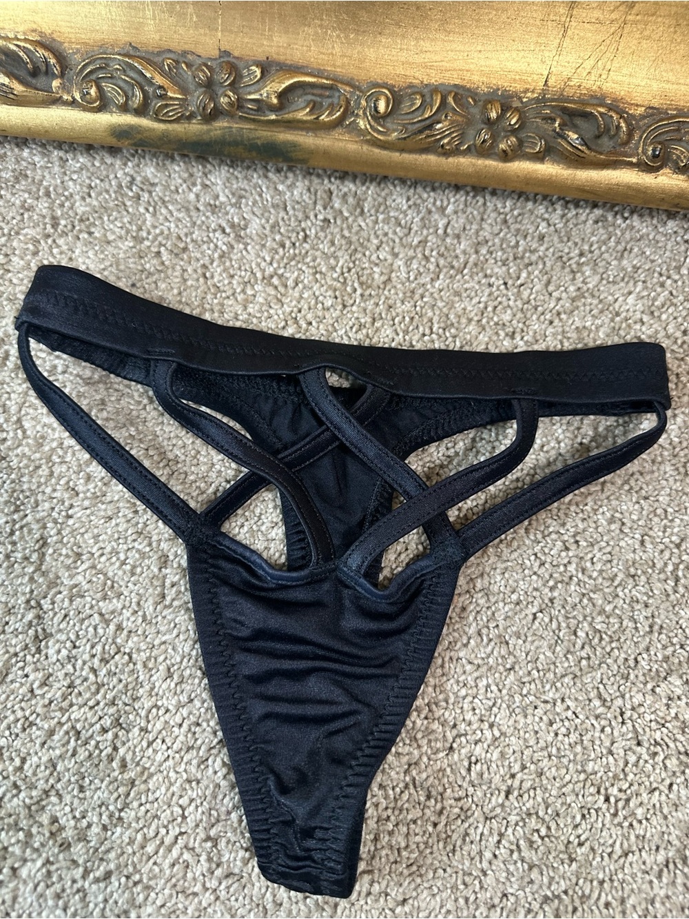 New Vintage Frederick's of Hollywood Black Satin Strappy Thong Black Size Small